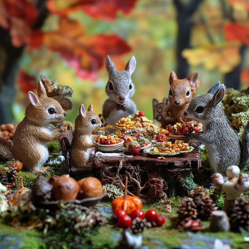 Woodland creatures around a miniature Thanksgiving feast
