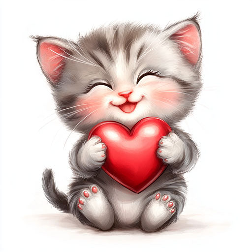 Adorable kitten holding red heart on white background