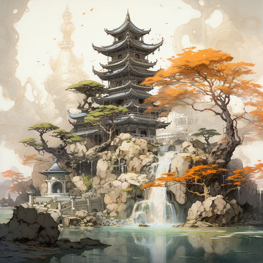 Japanese style with stone fountain and a tree, inspired by Brian Kesinger