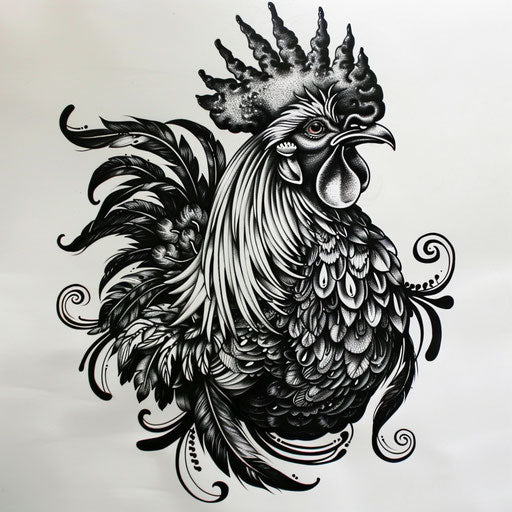 Gothic rooster tattoo design, dark themes and intricate details