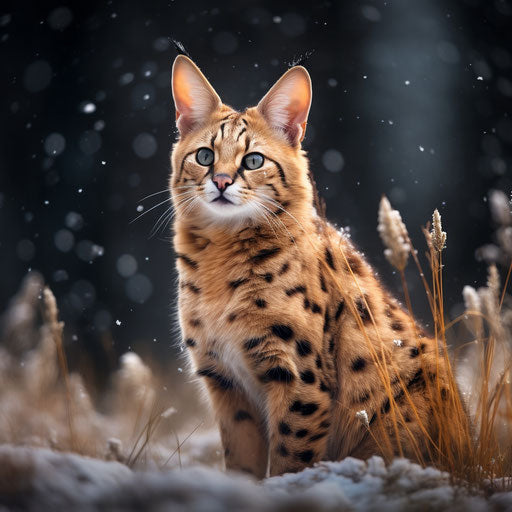 A serval cat in a field while it is snowing