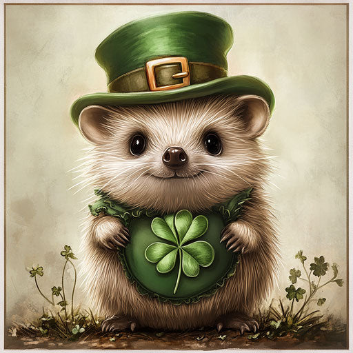 St. Patrick's Day, cute hedgehog dressed in green with a clover and a leprechaun hat