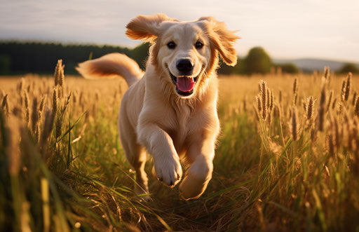 Golden retriever running in field with light maroon and beige style