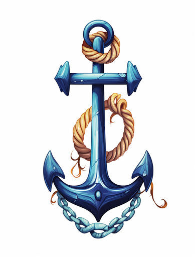 Blue anchor with rope, simplistic vector art style