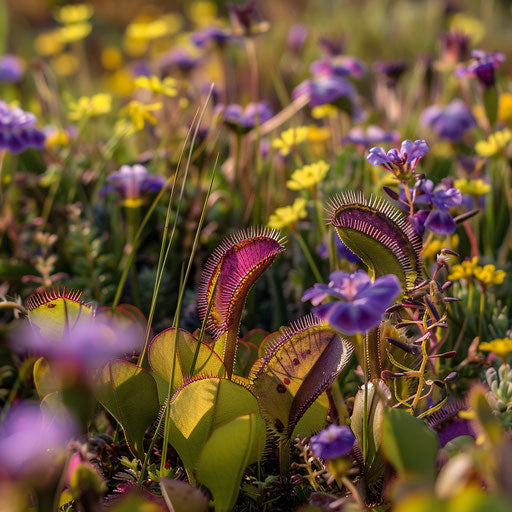 Venus flytrap amidst purple and yellow wildflowers