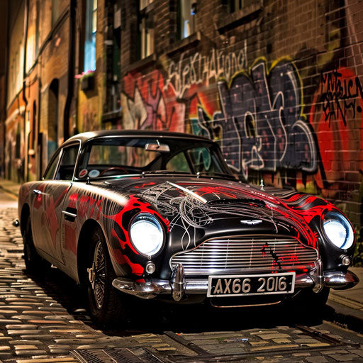 Graffiti art-covered Aston Martin DB6, fusion of classic car culture and urban art, showcased in an alley.