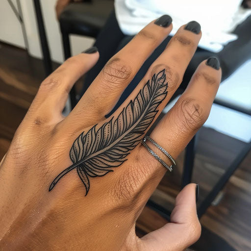 Detailed feather ring tattoo, Steve McNiven style, finger