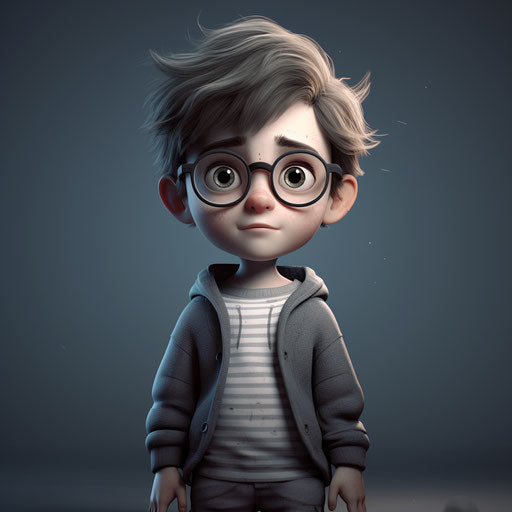 Cartoon boy with little glasses on gray background