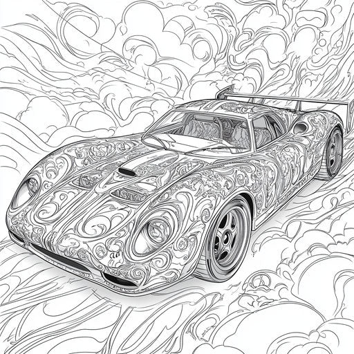 Race car with tribal patterns, Raqib Shaw style, coloring page