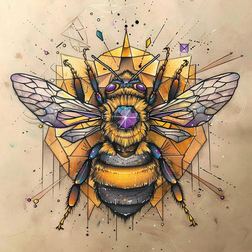 Fantasy-inspired queen bee tattoo sketch with magical elements and shimmering colors in clipart style