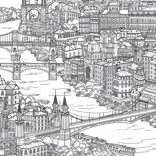 Detailed illustration of a city with bridges, towers, and rivers