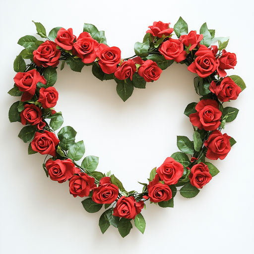 Heart-shaped wreath with red roses and green ribbons