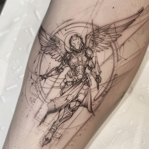 Futuristic guardian angel with sci-fi elements in metallic shades