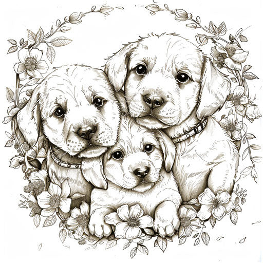 Regal puppies with floral garlands