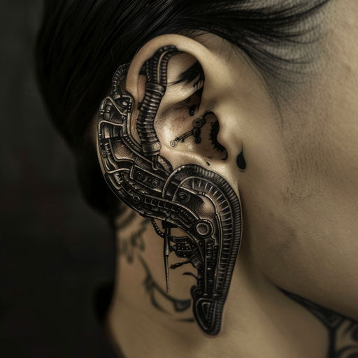 Ear tattoos in the style of J.P. Targete with futuristic designs