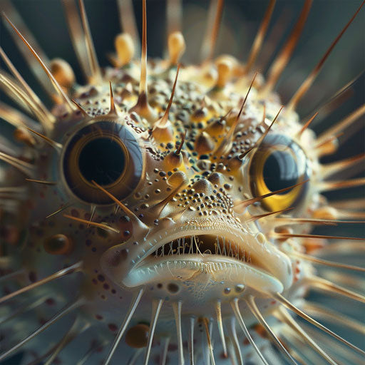 Close-up of puffer fish revealing intricate spines details