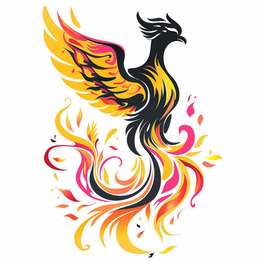 Phoenix silhouette rising with vibrant yellows and fiery reds