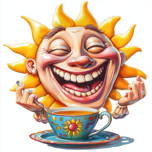 Humorous caricature of a tea party with exaggerated human characteristics