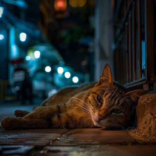 Brown cat lying outside at night