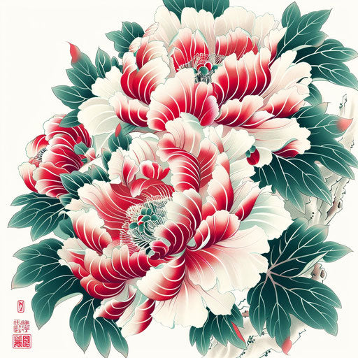 Graphic illustration of a graceful Japanese peony in red and green on white