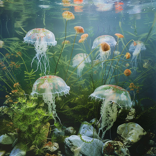 Freshwater scene with jellyfish floating serenely