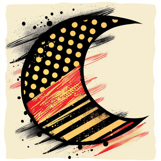 Pop art half moon with bold polka dots and stripes in reds and yellows