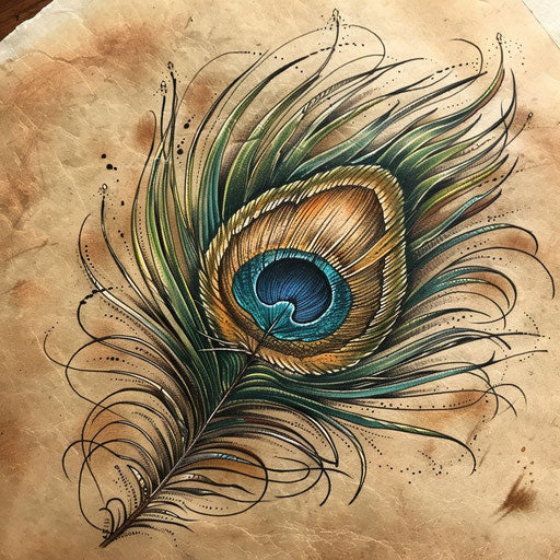 Rustic peacock feather tattoo sketch in earth tones and style