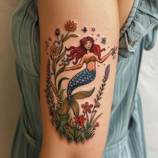 Wildflower tattoo with mermaid, oceanic theme, vibrant hues