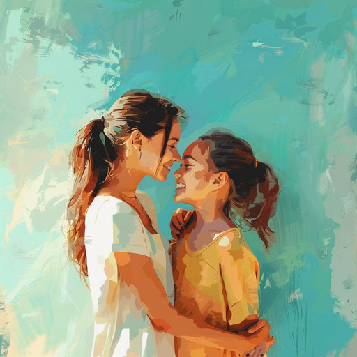 Realistic clipart of mother and daughter on flat, serene aqua background