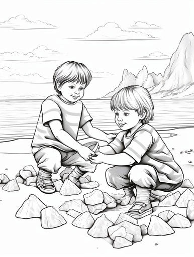 Kids at beach coloring pages, detailed style