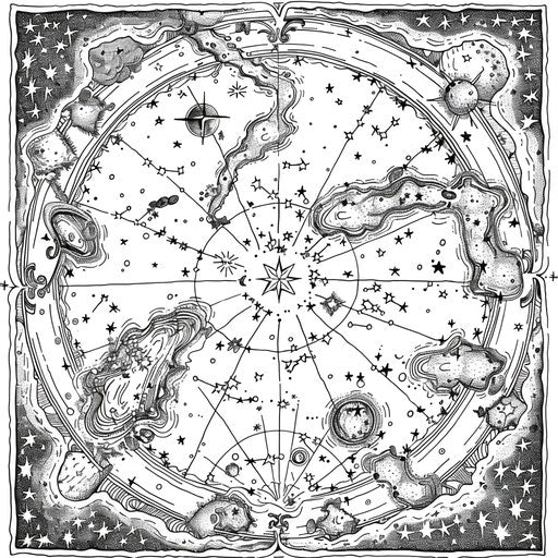 Constellation map with labeled star formations. Coloring book page