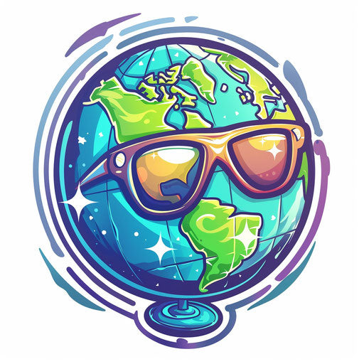 Playful flat tattoo sketch of a cartoon globe wearing sunglasses