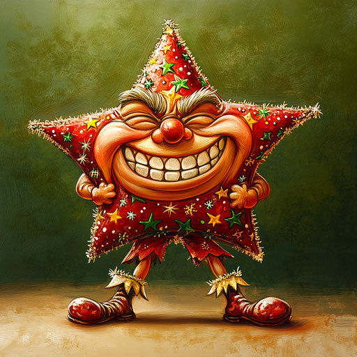 Humorous caricature of a Christmas star with human characteristics