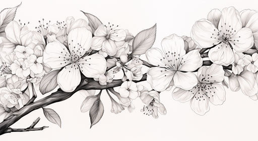 Sketch of flowers and leaves, cherry blossom style, detailed ornamentation