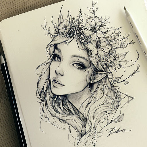 Fairy queen tattoo design with crown of flowers
