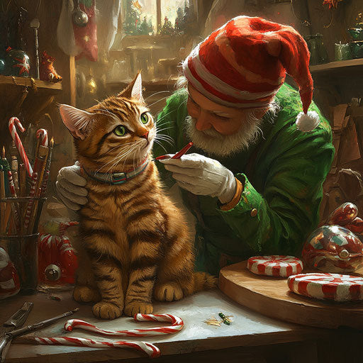Mischievous elf painting stripes on a cat in the North Pole