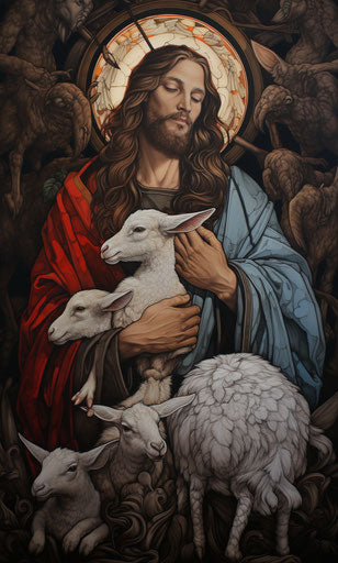 Wooden tattoo design of Jesus over a flock of sheep