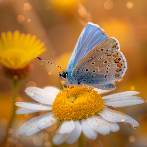 Xerces blue butterfly on yellow daisy center