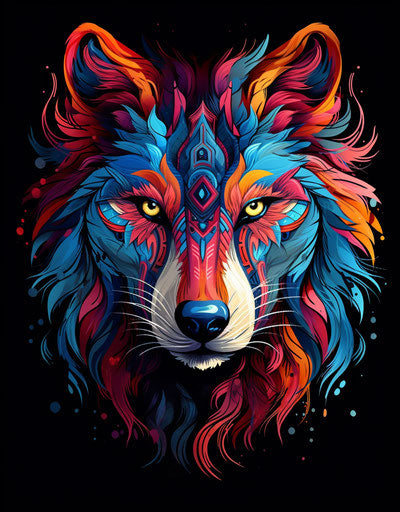 Tribal wolf tattoo, vibrant colors, shaped canvas