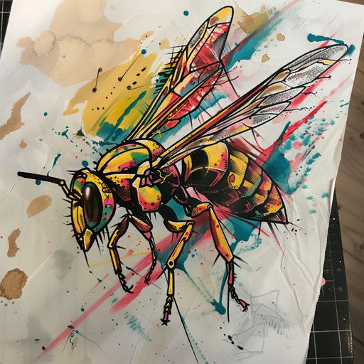 Expressionist tattoo sketch of a wasp with vibrant colors