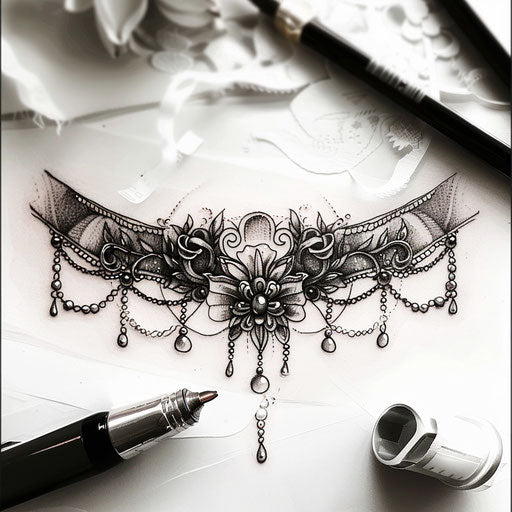 Elegant flat tattoo sketch of a wrist band with lace and pearl accents