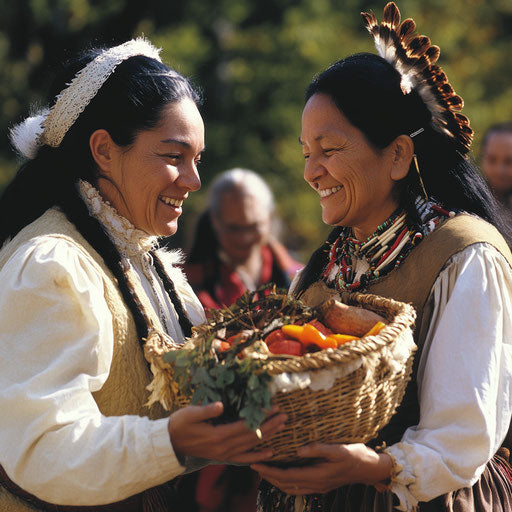 A pilgrim offers basket to Native American woman, mutual smiles