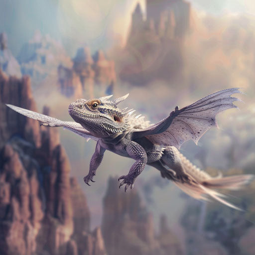 Ethereal bearded dragon with wings soaring over mystical lands