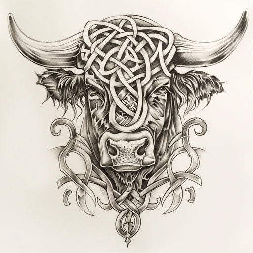 Celtic bull tattoo on bright white backdrop