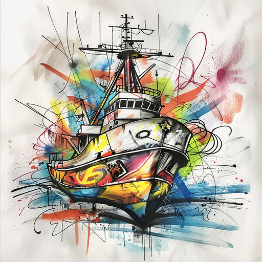 Edgy urban tattoo sketch of a cargo ship with graffiti