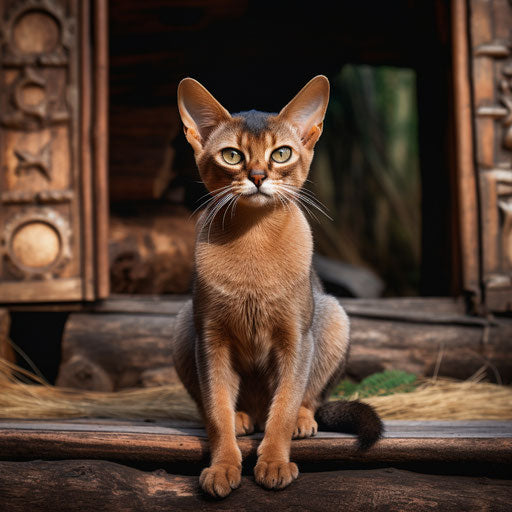 Abyssinian cat sitting in front of log cabin