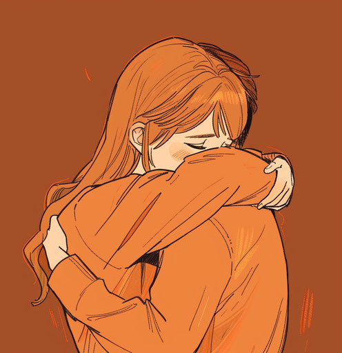 Cartoon image of girl hugging guy, light orange and maroon style