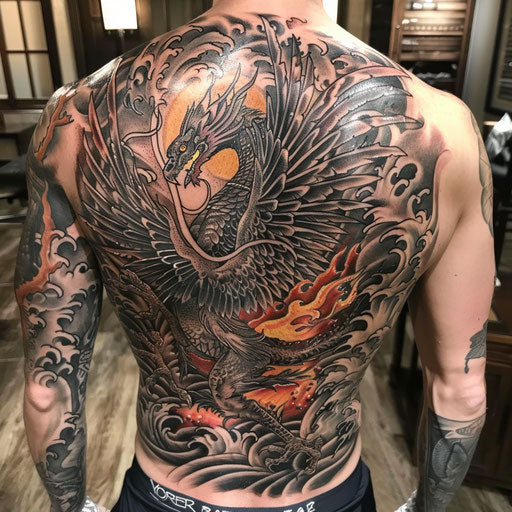 Full back tattoo of a phoenix rising from ashes, Steve Sack style