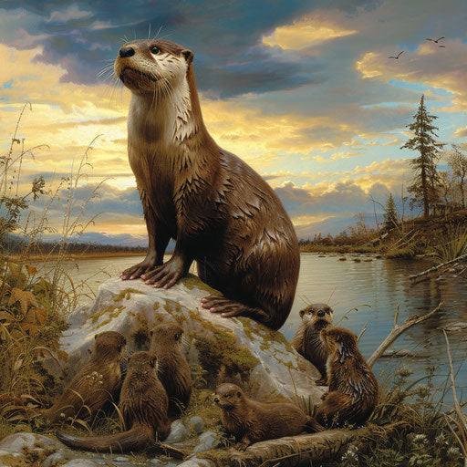 A majestic otter guarding its family from the riverbank