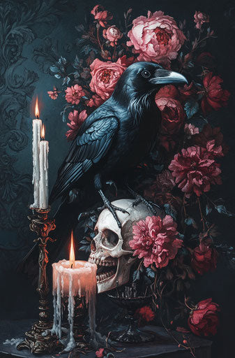 Gothic-style painting of a raven, skull, and candles, with flowers in a vase, in dark colors